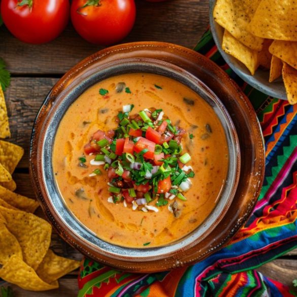 A vibrant bowl of queso dip topped with diced tomatoes, green onions, and cilantro, served with tortilla chips on the side, all placed on a wooden surface with a colorful woven cloth underneath. Two whole tomatoes are also visible in the background.