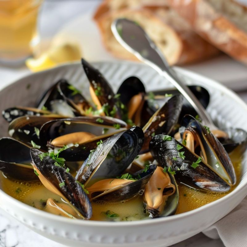 A white bowl on a rustic table with mussels in a buttery sauce with crusty bread