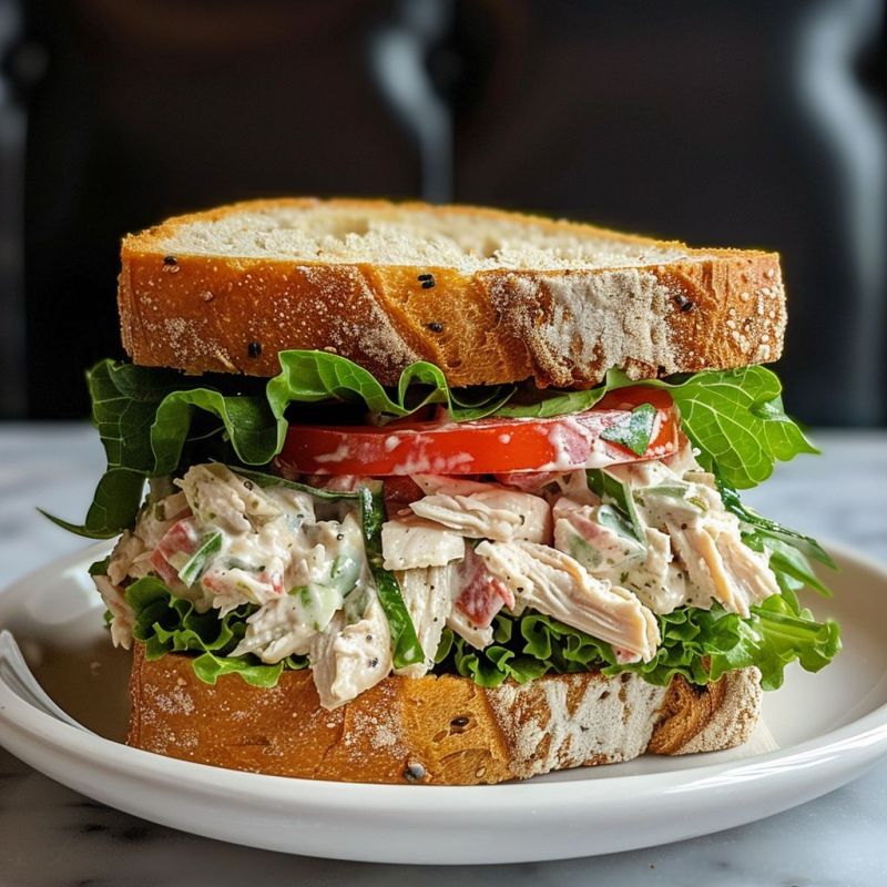 Close-up of a homemade Panera-inspired chicken salad sandwich on whole grain bread, overflowing with juicy chunks of chicken, crisp celery, and grapes, nestled among fresh lettuce leaves,