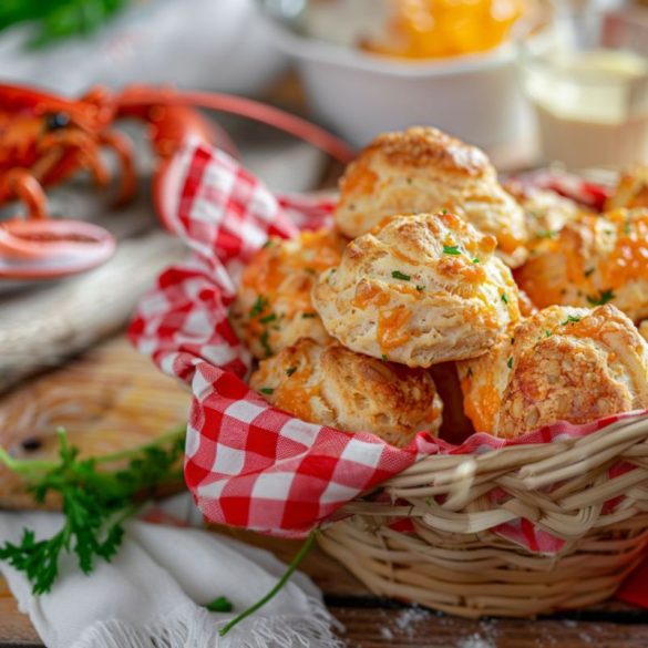 A warm, inviting basket filled with golden-brown Cheddar Bay Biscuits from Red Lobster, with melted cheese visibly oozing out and a slight sprinkle of parsley on top for garnish.