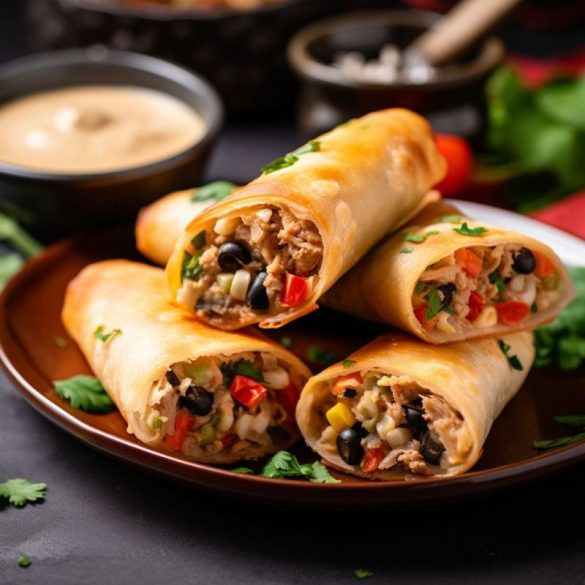 A plate of golden, crispy Southwest Eggrolls from Chili's, sliced diagonally and artfully arranged, showcasing the colorful filling of chicken, black beans, corn, and peppers, served with a side of creamy avocado-ranch dipping sauce.