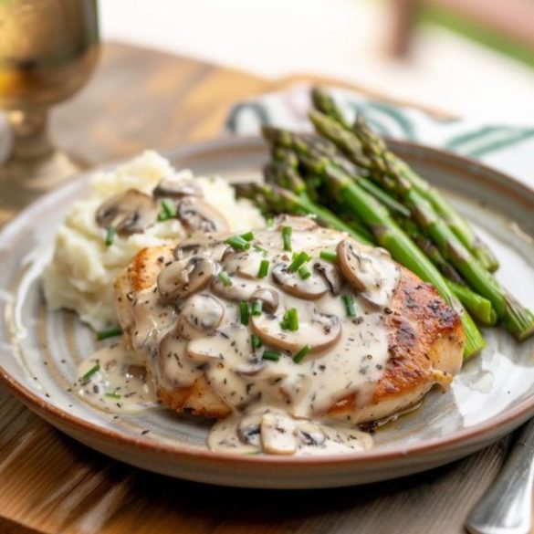 A plate of comfort food sitting cozily on a rustic wooden table, featuring a golden-brown, pan-seared chicken breast smothered in a creamy mushroom sauce. On the side, there's a heap of fluffy mashed potatoes and a bundle of tender, green asparagus spears. The meal is paired with a chilled glass of white wine, promising a delightful dining experience.
