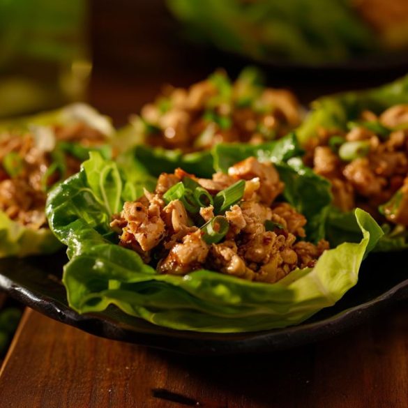 A plate of appetizing chicken lettuce wraps that are just begging to be devoured. The chicken is finely chopped and looks juicy and flavorful, nestled cozily in crisp, fresh lettuce leaves and sprinkled with a dash of green onions for an extra pop of color and freshness. The whole dish gives off a vibe that's both healthy and indulgent.