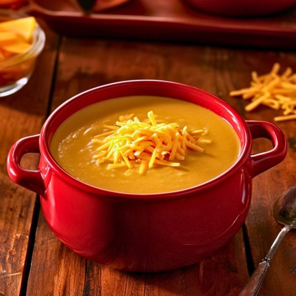 A red soup bowl filled with creamy golden onion soup, topped with a generous sprinkle of shredded cheddar cheese. The bowl is set on a rustic wooden table, with extra shredded cheese and a spoon visible in the background.