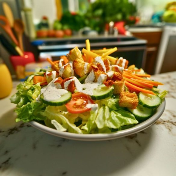 A fresh salad loaded with lettuce, cucumbers, cherry tomatoes, carrots, shredded cheese, croutons, and drizzled with creamy ranch dressing