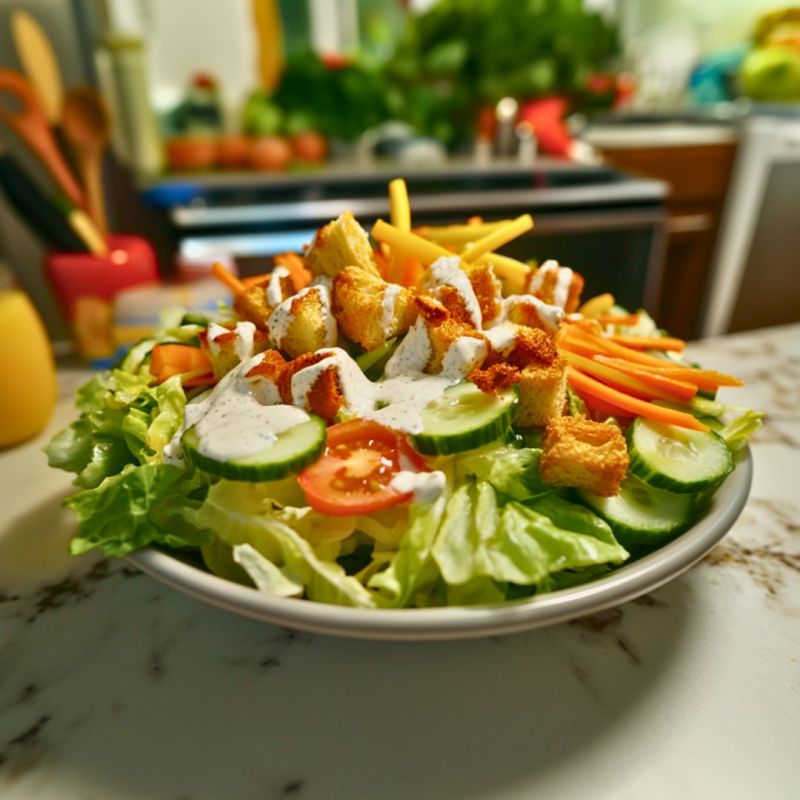 A fresh salad loaded with lettuce, cucumbers, cherry tomatoes, carrots, shredded cheese, croutons, and drizzled with creamy ranch dressing